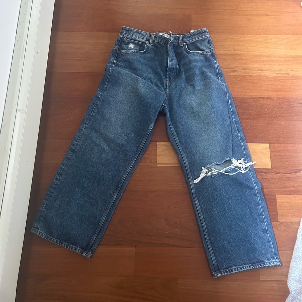 Free People Women’s  Relaxed Blue Jeans with Distressed Detail